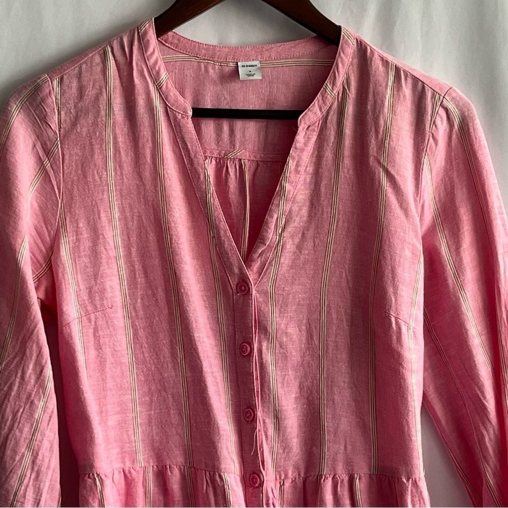 Old Navy Pink Striped Tiered 3/4 Sleeve Button Front Dress - Picture 3 of 9